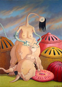 contemporay art a confrontation scene between surreal characters in a landscape a child like figure being inoculated by a giant one eyed mother figure oil painting 