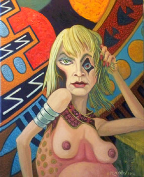 r.m.olley surreal abstract female nude portrait against stylized background oil painting on canvas art