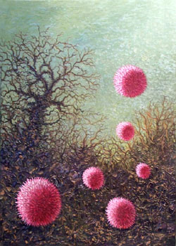 r.m.olley surreal abstract of a floating spheres amongst trees in a landscape palete knife background oil painting on canvas, art