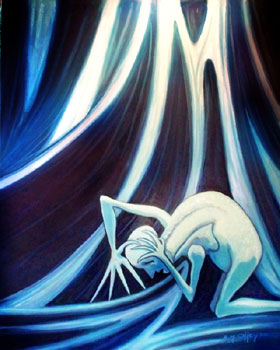 surreal expressionism oil painting grief emotion blue colour traditional artwork by bob olley showing an oilpainting depicting a figure stricken by grief