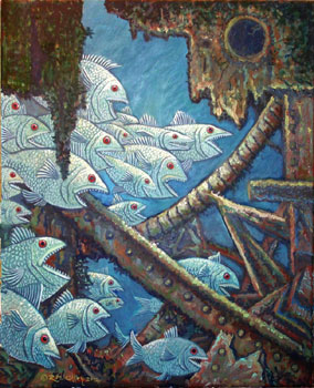 contemporay art marine underwater ship wreck scene with fish oil painting 