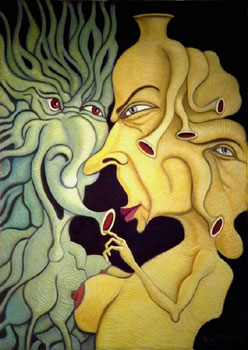r.m.olley surreal abstract male and female portrait against a dark background oil painting on canvas art