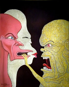 contemporay art a confrontation scene between surreal characters oil painting 