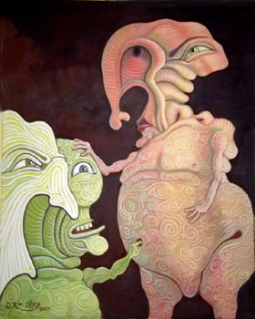 r.m.olley surreal abstract male and female portrait against a dark background poking a belly button oil painting on canvas art