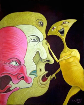 contemporay art a confrontation scene between surreal characters with three clourful heads against a symbolic figure oil painting 