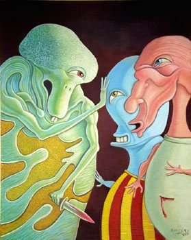 r.m.olley surreal abstract three cartoon male characters against a dark background  one  stabing another character oil painting on canvas art