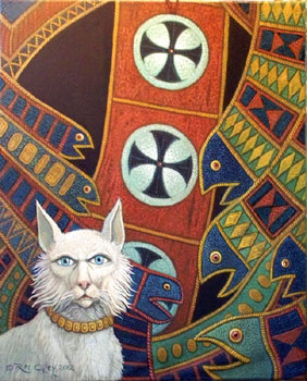 contemporay art oil painting on canvas depicting a white cat with cold cruel blue eyes against a background of patterns and symbols, snake symbolizes Satan, the presence of evil