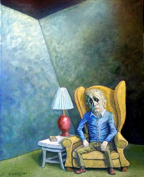  contemporay surrealist interior scene a old man in a chair oil painting 
