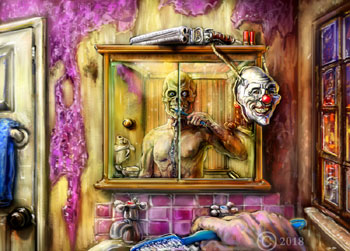 james olley surreal interior with a clown skull artwork impresionistic style