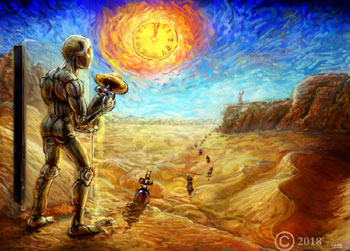 james olley surreal desert landscape with a robot droid clocks and bottles modern in a scene van gogh inspired style art impresionistic