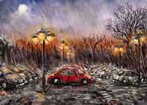 A surreal landscape of a carpark in the rain lit by street lamps impessionitic style digital painting artwork by james olley 