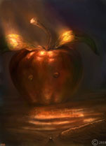 A surreal portrait of a face on an apple impessionitic style digital painting artwork by james olley 