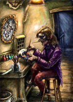 a joker man at his desk making clown masks digital painting artwork by james olley 