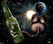 A surreal space scene with a baby in a bottle and giant earth mother digital painting artwork by james olley 