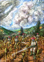 james olley surreal landscape with clowns in a field of corn scene van gogh inspired style art impresionistic