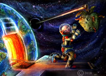 james olley surreal science fiction landscape space planet earth with cartoon astronaut chasing a carrot on a stickvan gogh inspired style art impresionistic style